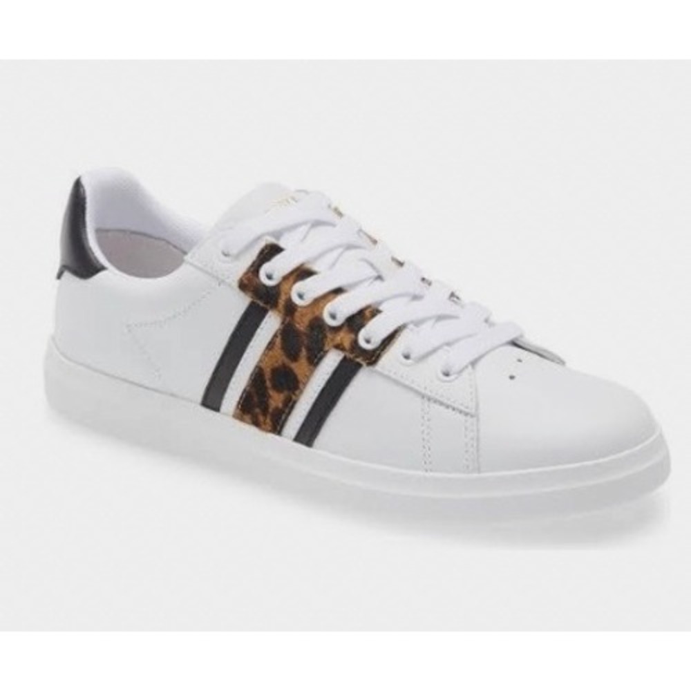 Tory Burch Howell Court White Leopard Calf Hair‎ Sneakers Gold Logo SZ 9.5